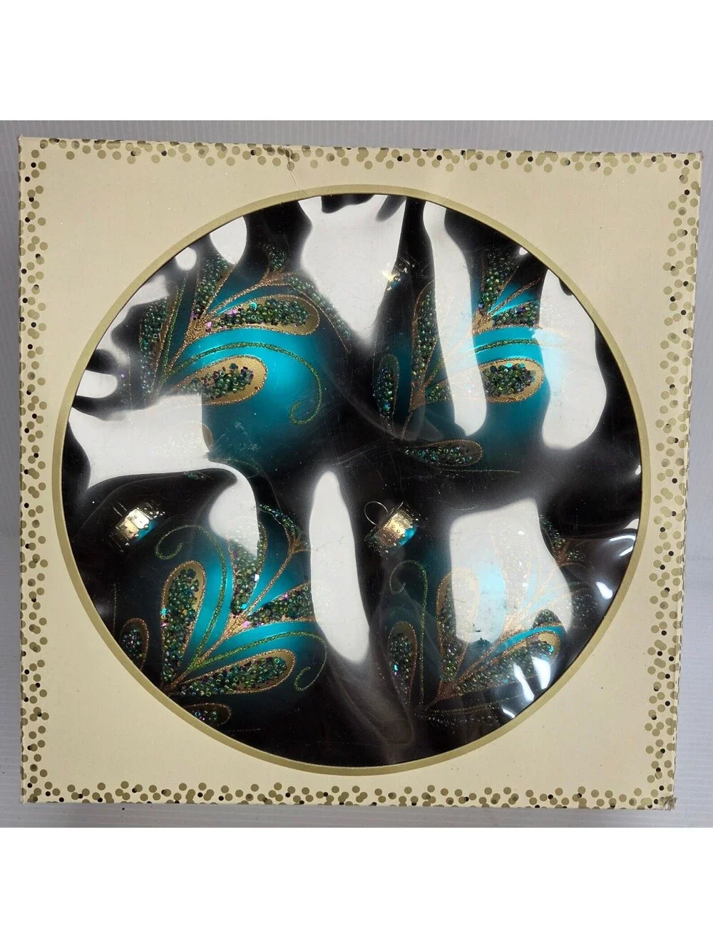 Boxed Set of 4 Teal Glitter Glass Christmas Ornaments Gold Scroll Holiday Tree